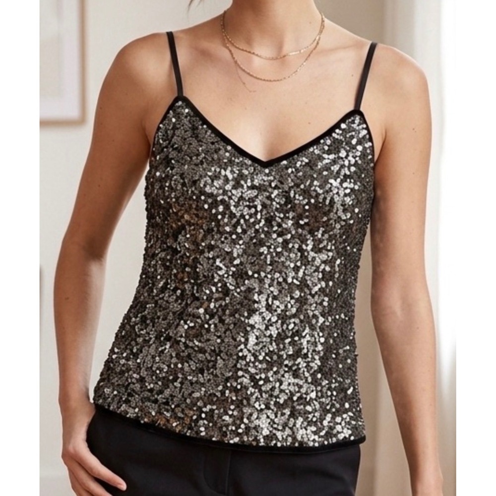 Carmen Marc Valvo Bronze Sequin Camisole Top V-Neck Adjustable Straps XS